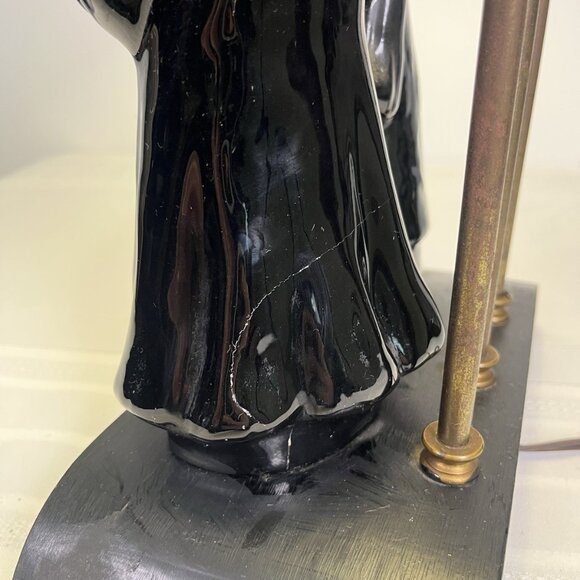 VTG 50s Ceramic Asian Couple Figural Lamp Pagoda MCM Black Gold Oriental Style - Picture 4 of 15